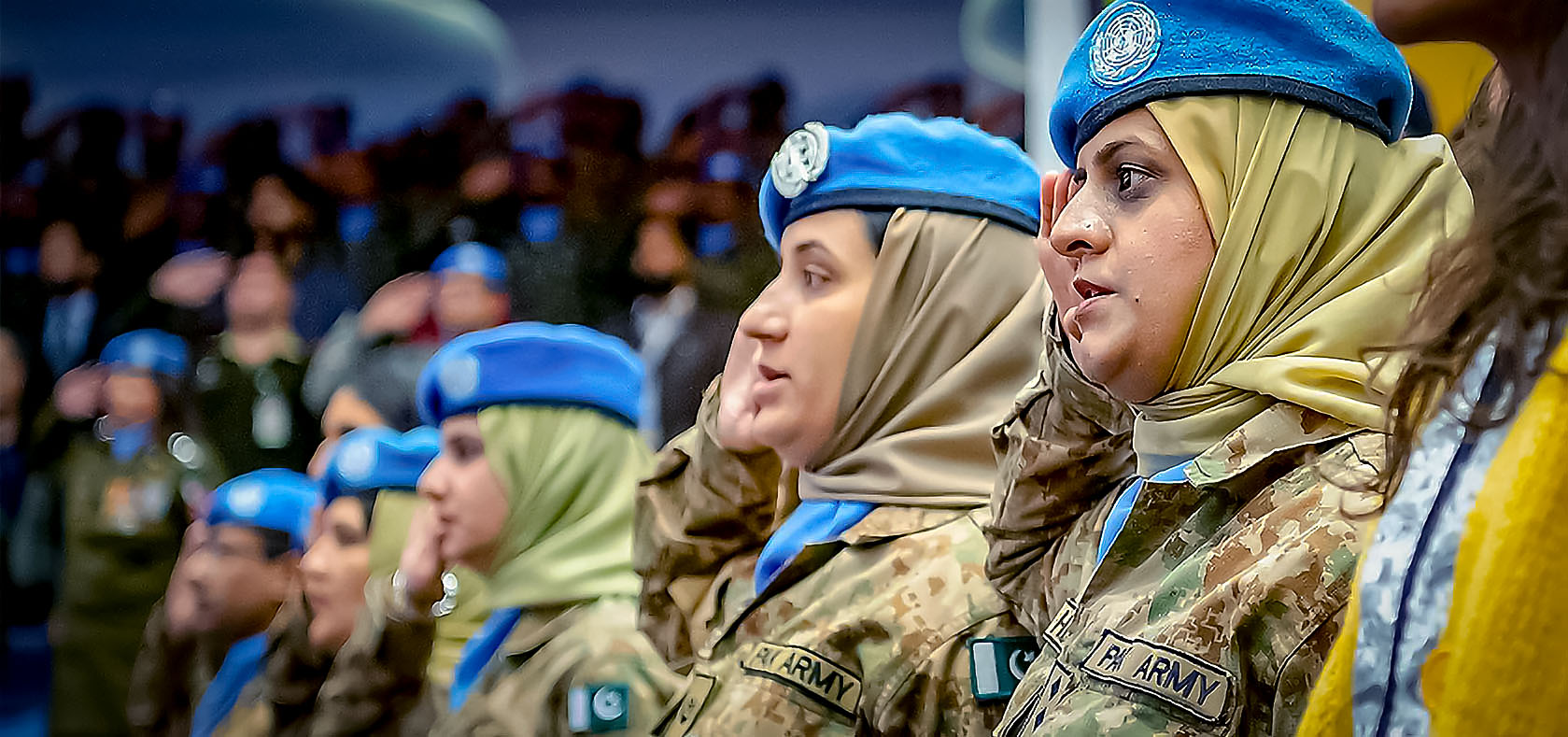 Pakistani women peacekeepers in the audience at the National University of Science and Technology in Islamabad, where Secretary-General António Guterres delivered an address on the topic of peacekeeping.