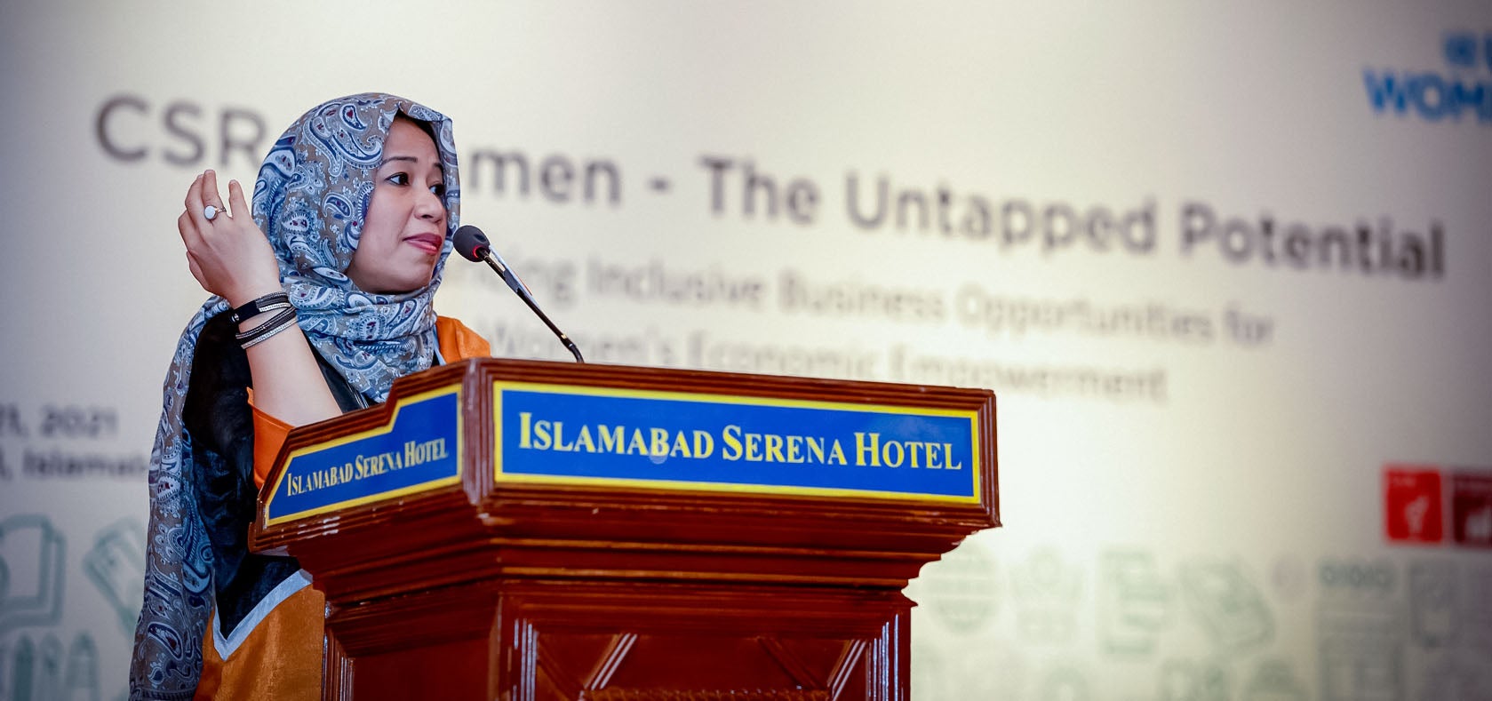 Sharmeela Rassool, Country Representative UN Women Pakistan sharing her opening remarks for the #CSR4Women. Photo: UN Women/Retroactive Studios